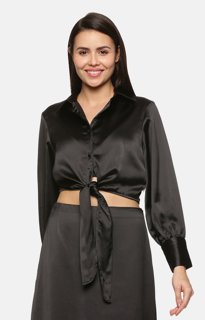 Women's Black Satin Solid Casual Shirts
