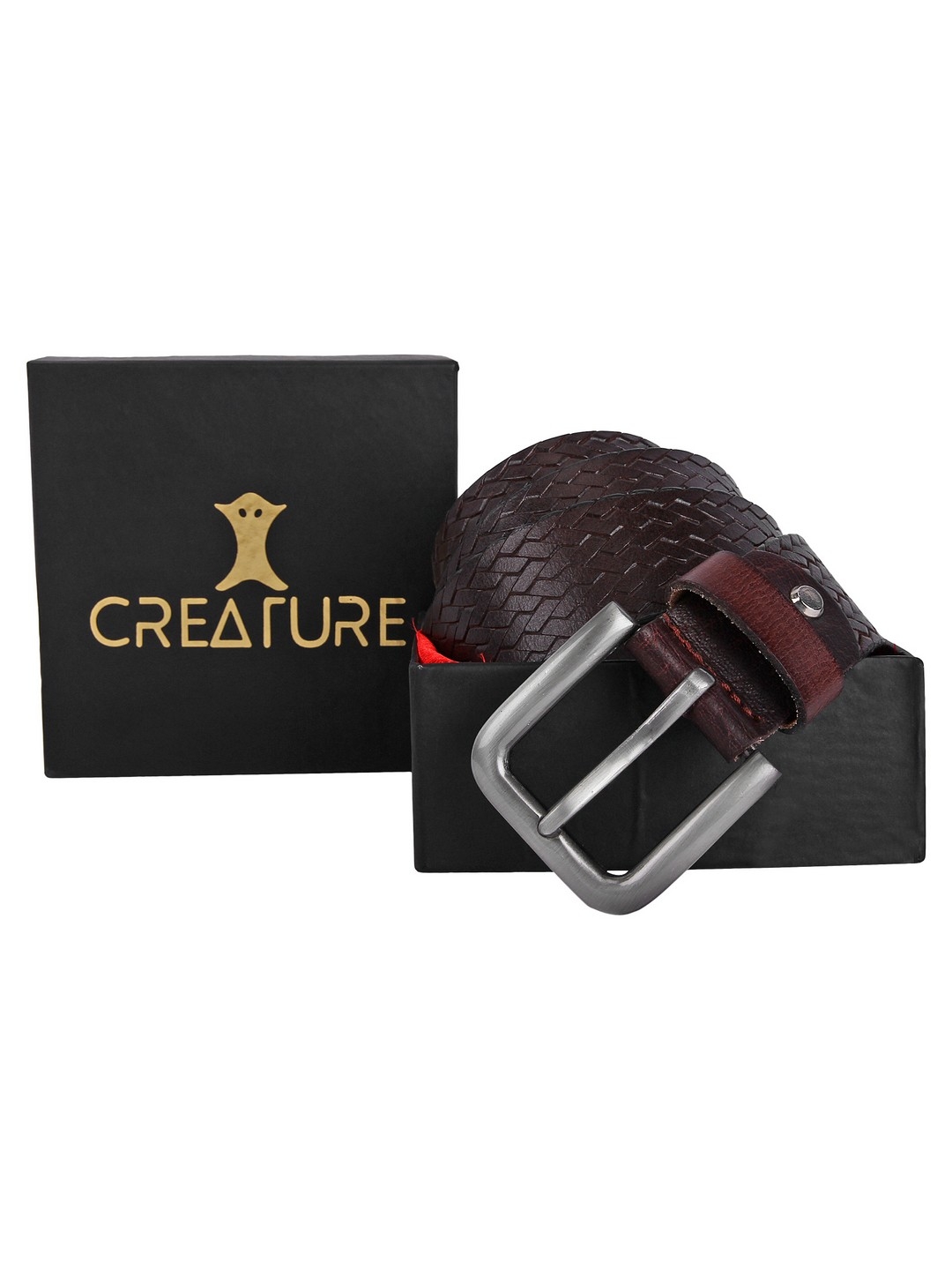 CREATURE | Creature Textured Print Formal/Casual Brown Genuine Leather Belts For Men 4