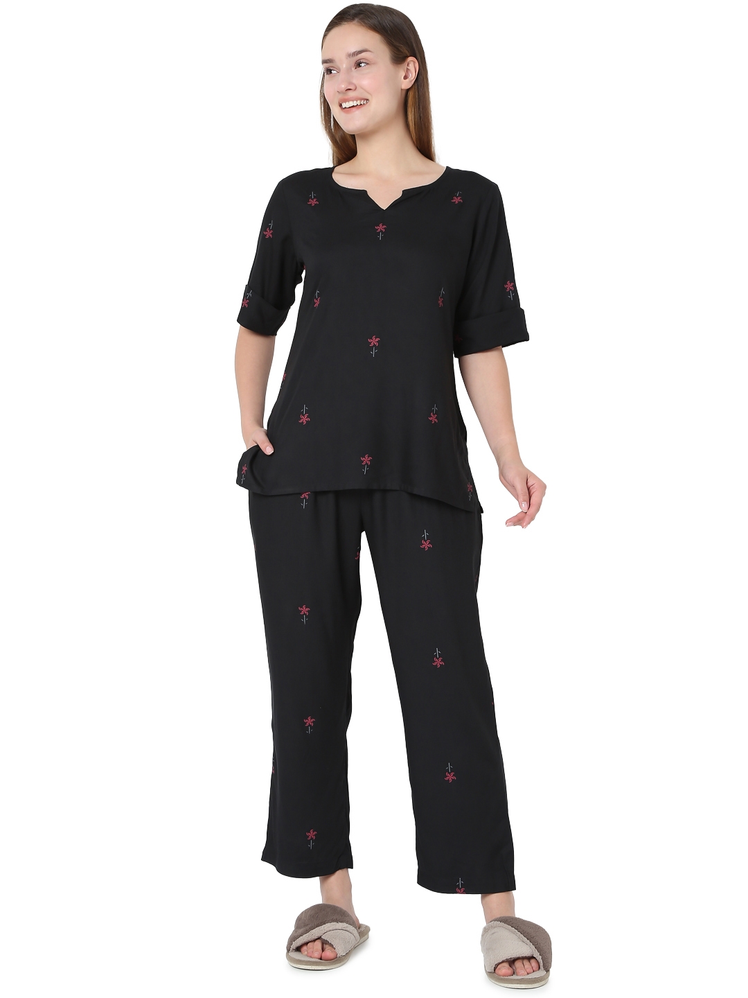 Smarty Pants | Smarty Pants women's cotton black floral print night suit. 