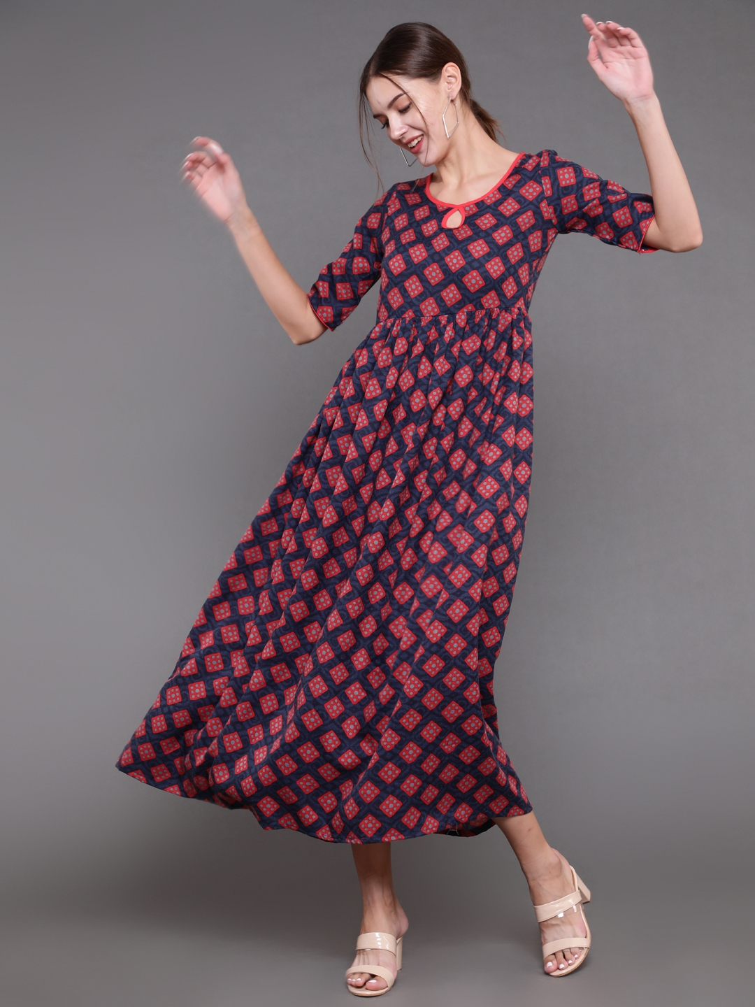 ANTARAN | Geometric Print Cotton Red Dress