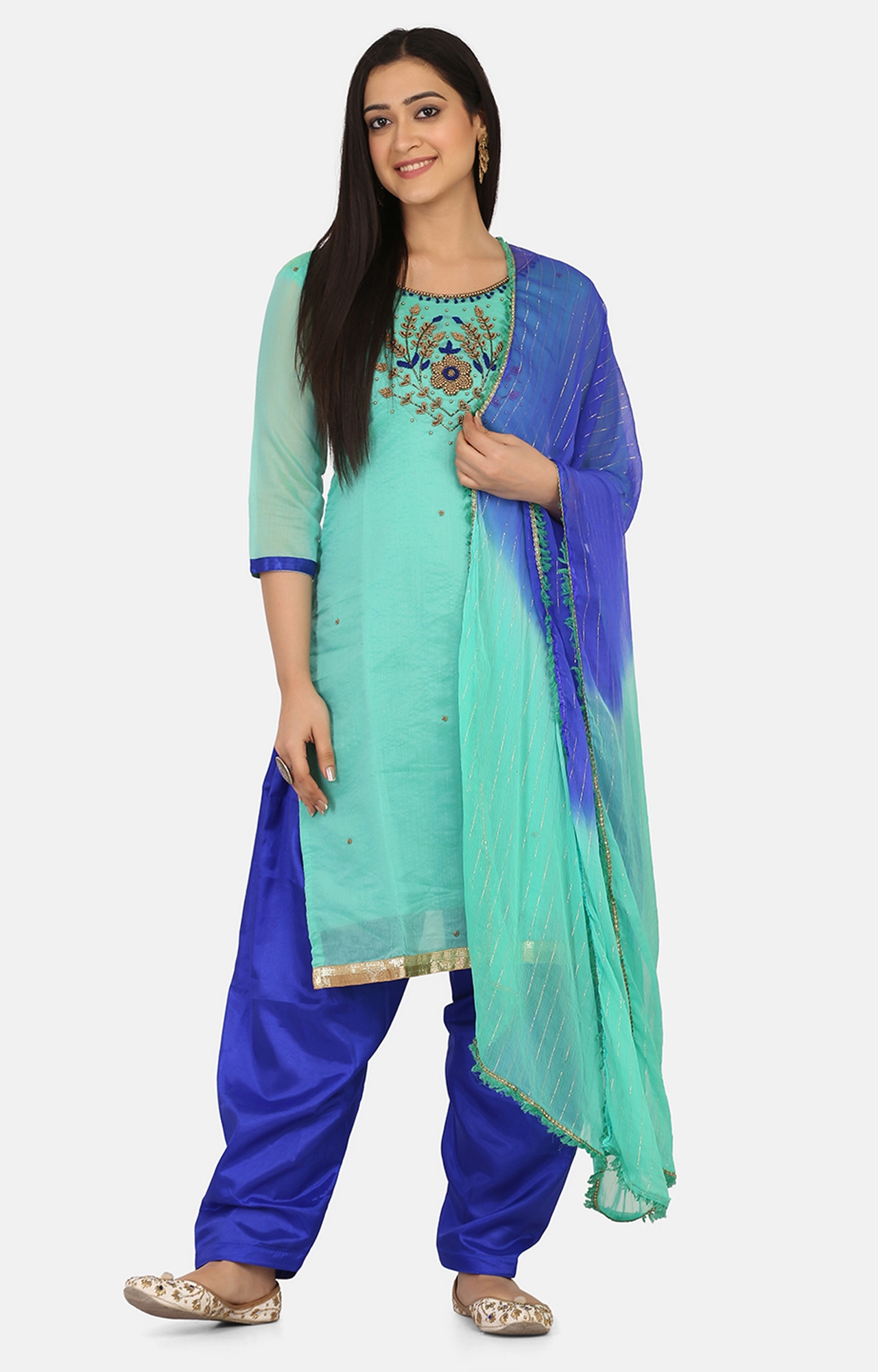 SHAILY RETAILS | Shaily Green Color Cotton Blend Embroidered Unstitched Dress Material-VF_FLWRGRN35_DM