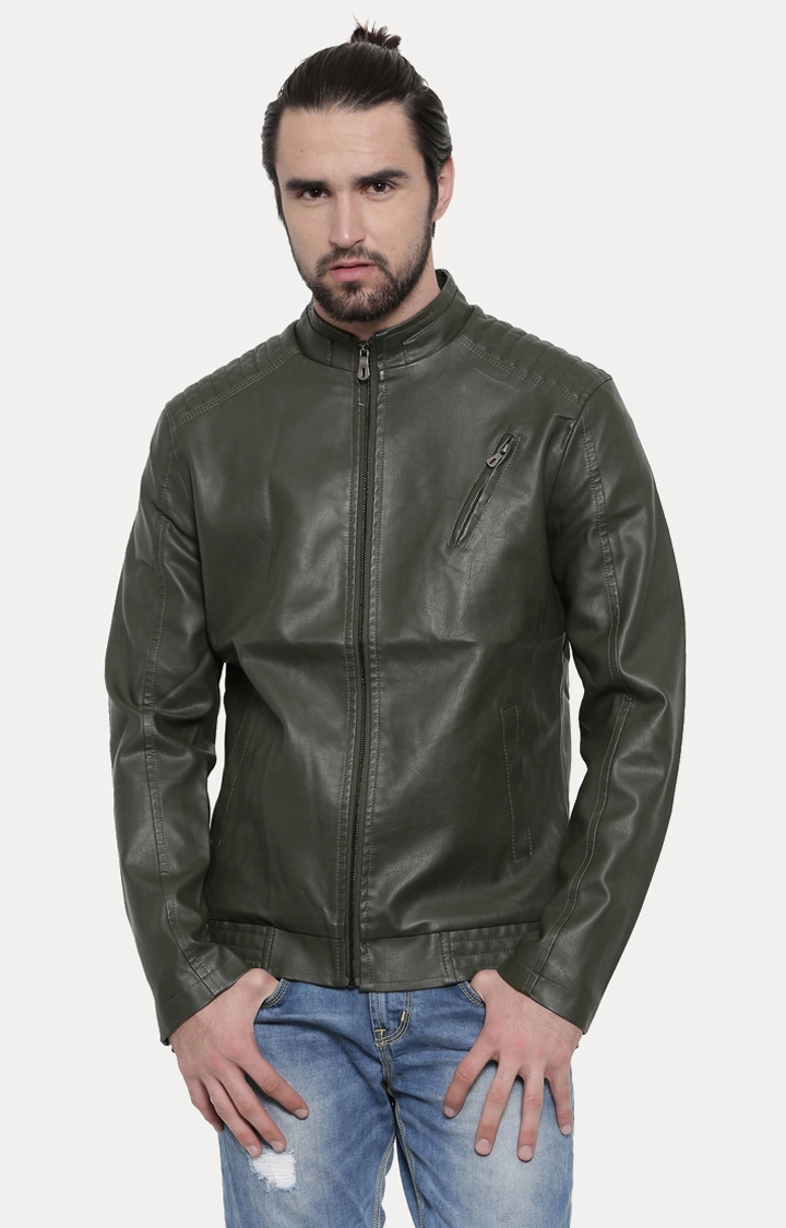 Dark Green Solid Pu Leather Jacket