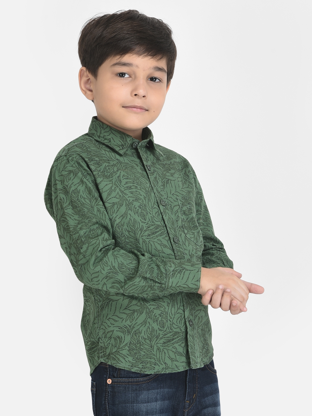 Crimsoune Club Boy Green Floral Printed Shirt