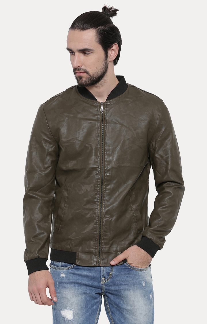Olive Solid Pu Leather Jacket
