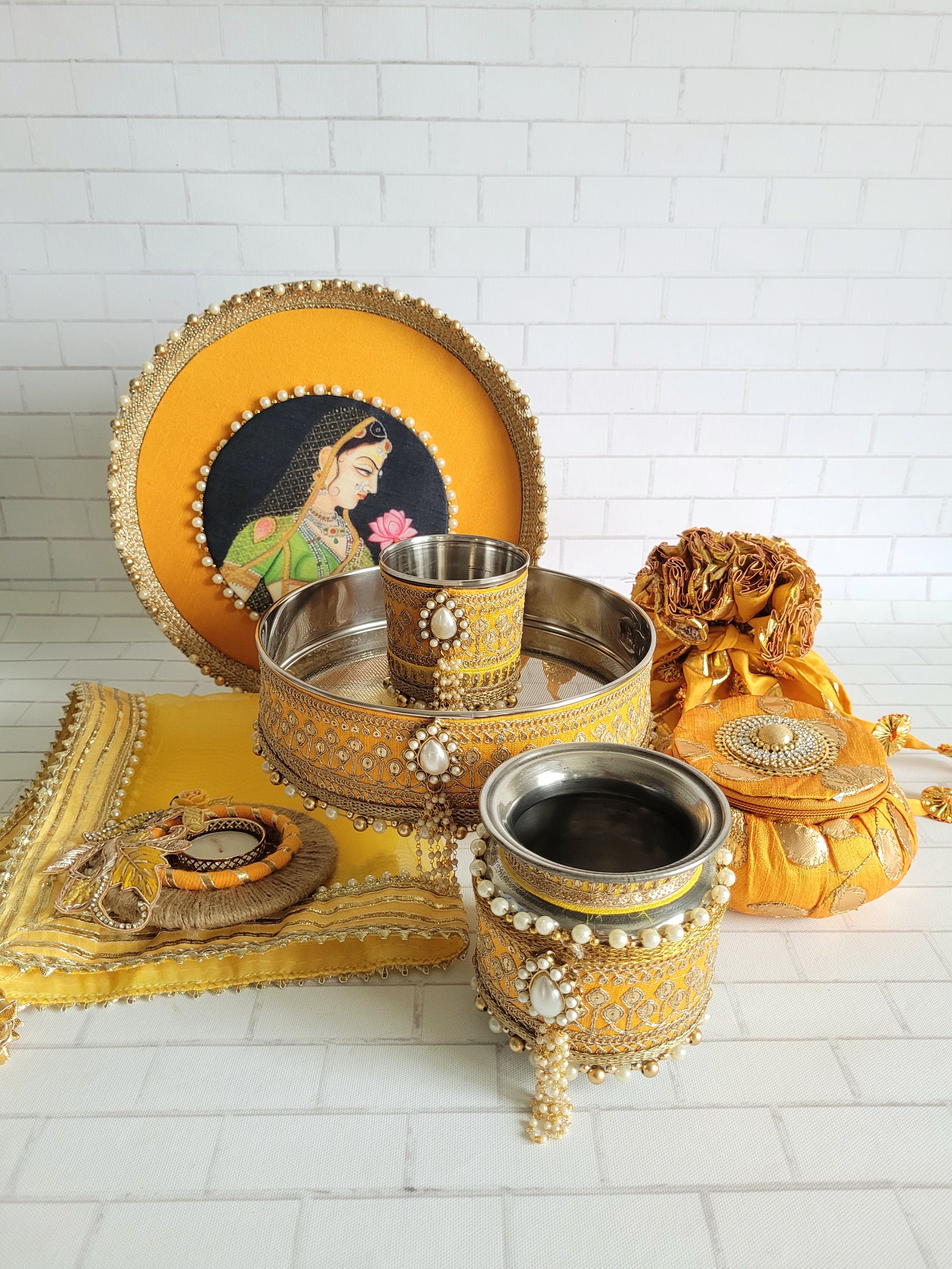 Yellow & Gold Maharani Karva Chauth Thali Set
