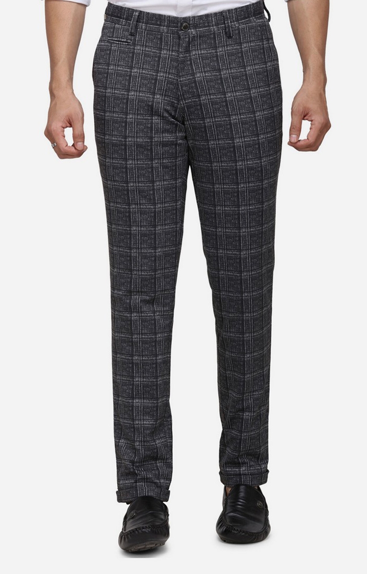 JBCT57/2,GREY BROWN PRINT Men's Grey Cotton Blend Checked Formal Trousers