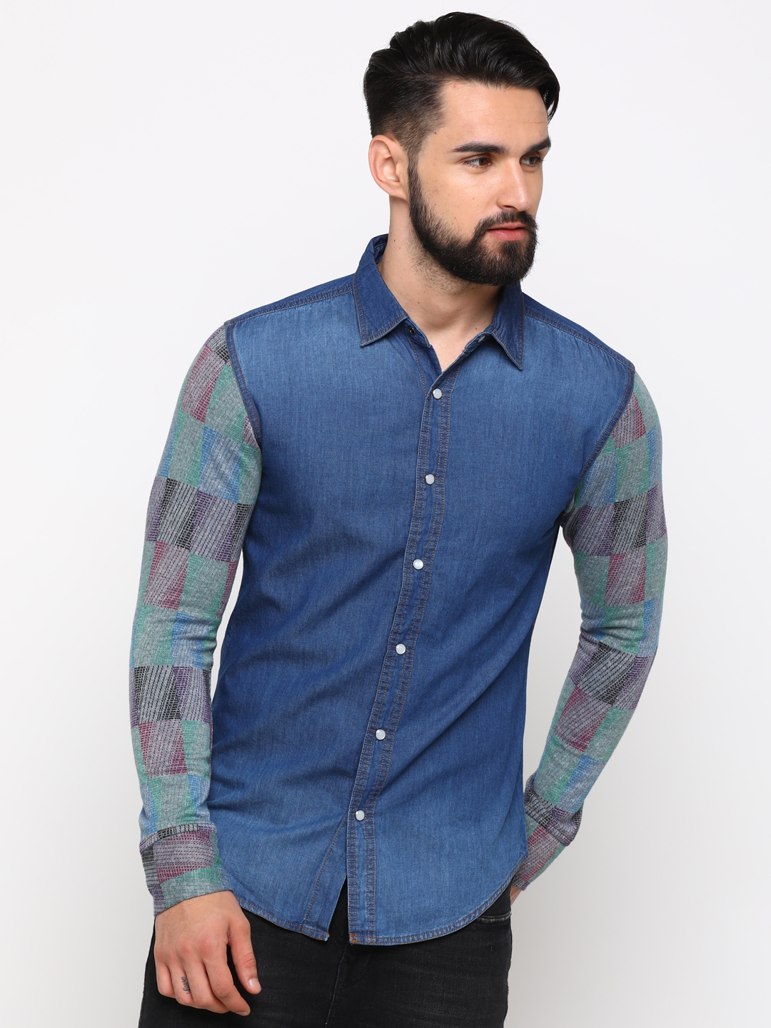 With | With Men's Blue Denim Solid Slimfit Shirt