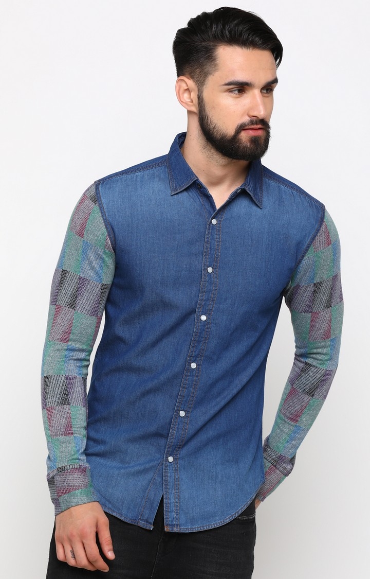 With | With Men's Blue Denim Printed Slim Fit Shirt
