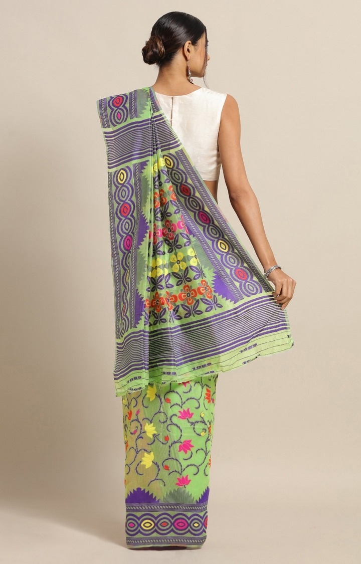 VASTRANAND Green & Pink Silk Blend Woven Design Jamdani Saree