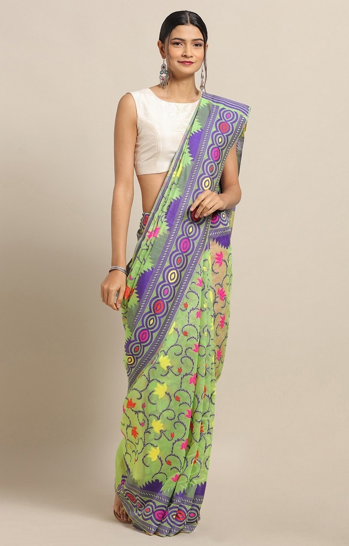 VASTRANAND Green & Pink Silk Blend Woven Design Jamdani Saree