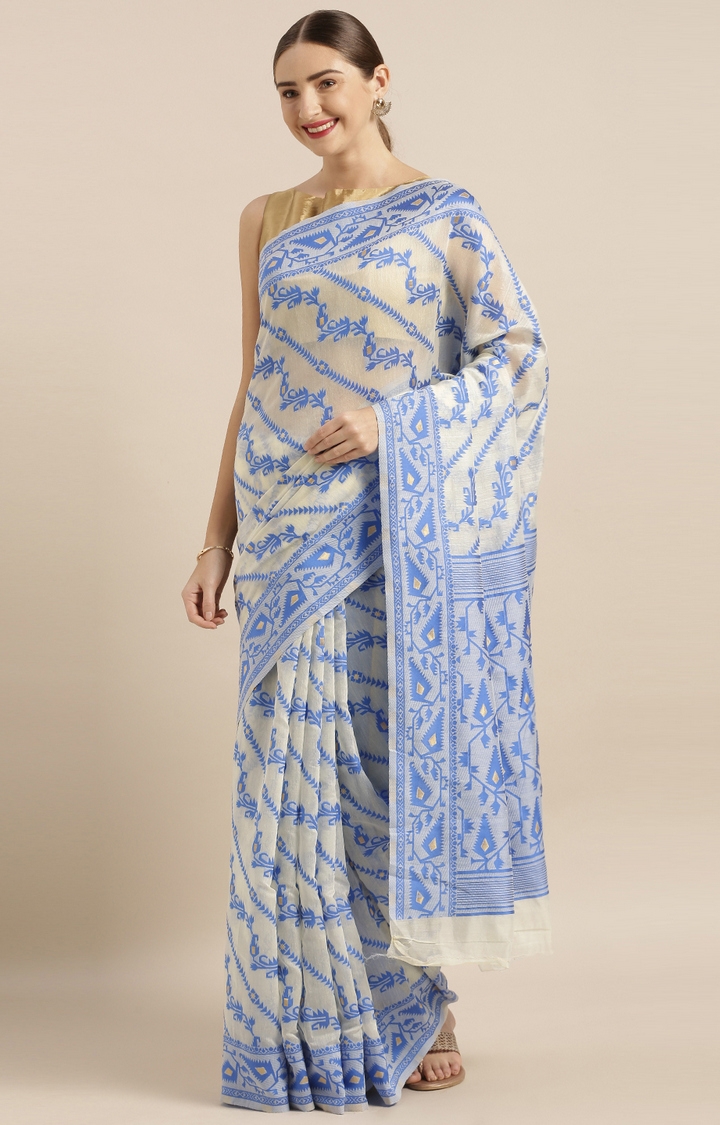 VASTRANAND  Cream-Coloured & Blue Cotton Blend Woven Design Jamdani Saree