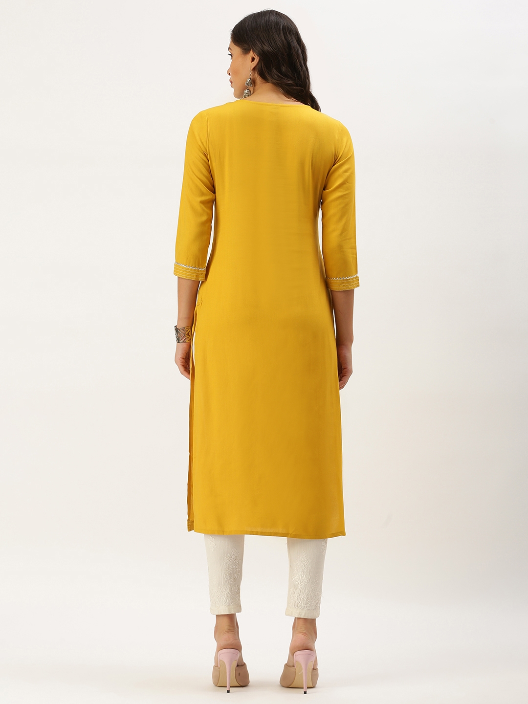 SHOWOFF Women's Calf Length Yellow Embellished Kurta