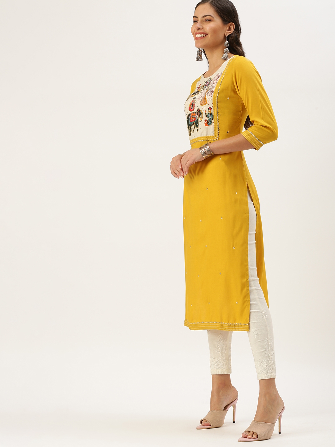 SHOWOFF Women's Calf Length Yellow Embellished Kurta