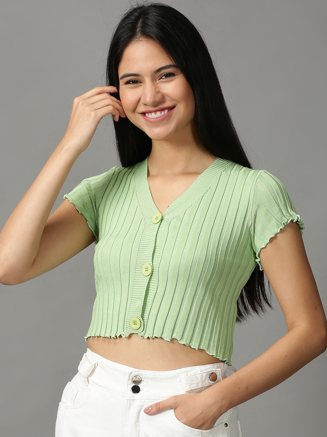 Women's Green Cotton Blend Solid Tops