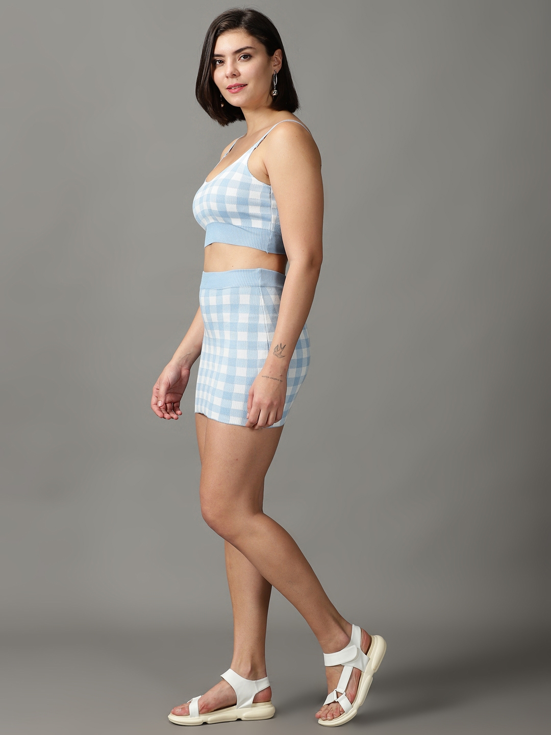 Women's Blue Polyester Checked Co-ords