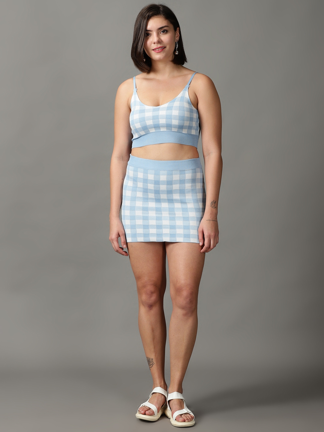Women's Blue Polyester Checked Co-ords