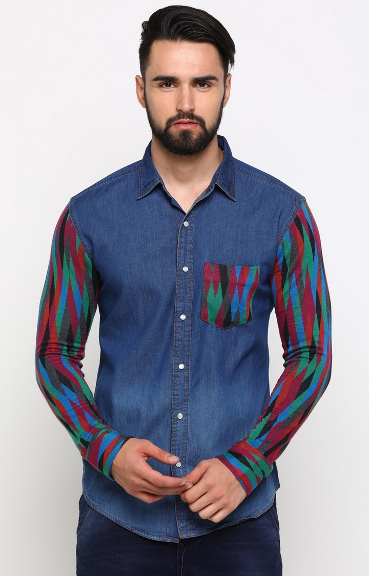 With | With Men's Blue Denim Printed Slim Fit Shirt