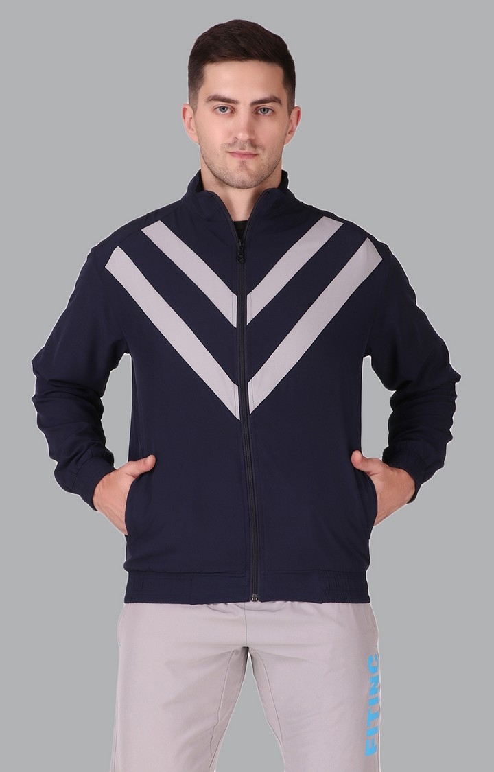 Men's Navy Blue Polycotton Striped Activewear Jackets