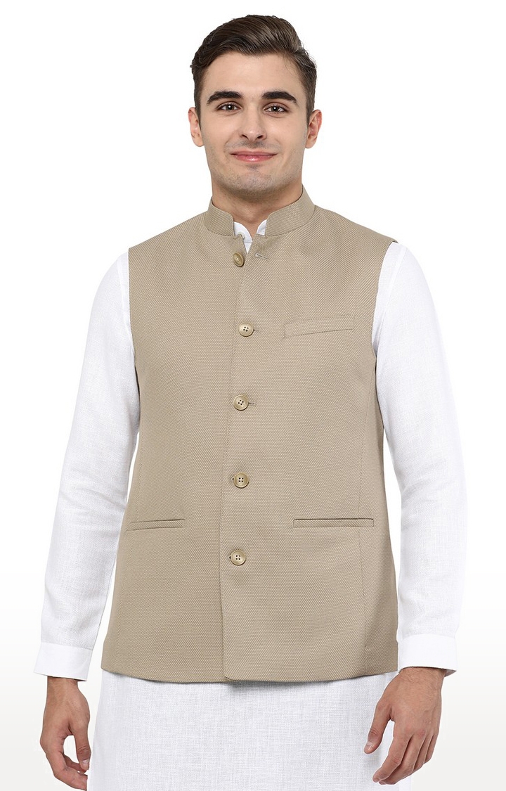 Men's Brown Wool Solid Ethnic Jackets