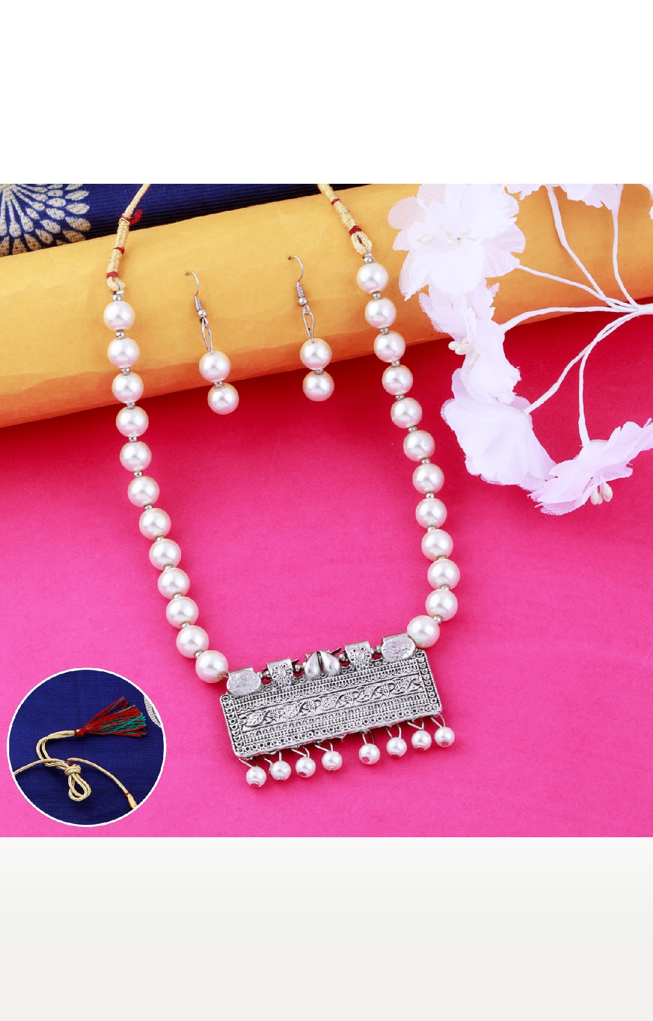 SILVER SHINE | Designer Stylish Look Exclusive Oxidised Pendant White Pearl Jewellery set for Women