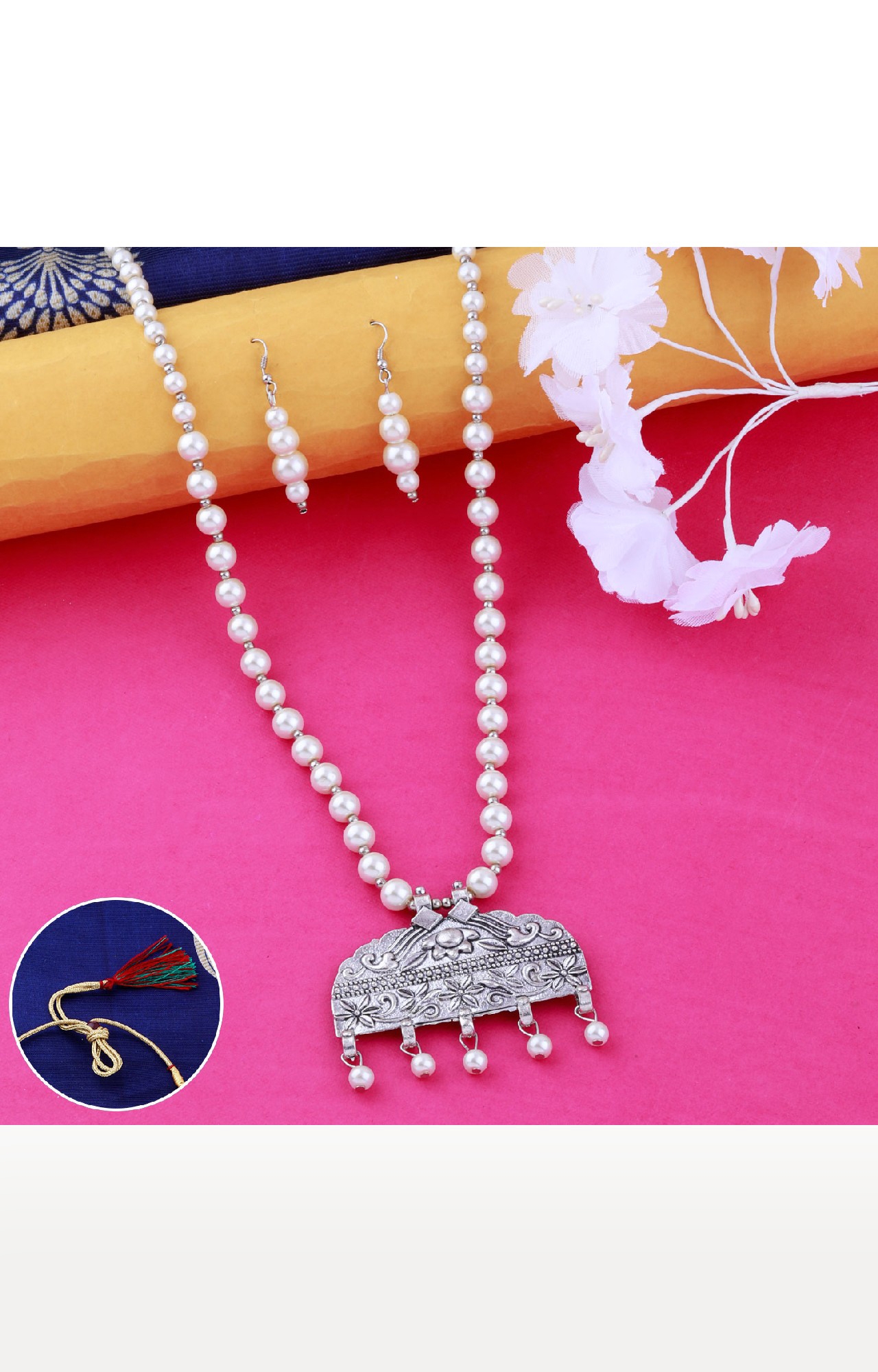 SILVER SHINE |  Silver plated Elegant Designer Traditional Long Pearl Drop pendant Necklace set for women Jewellery set