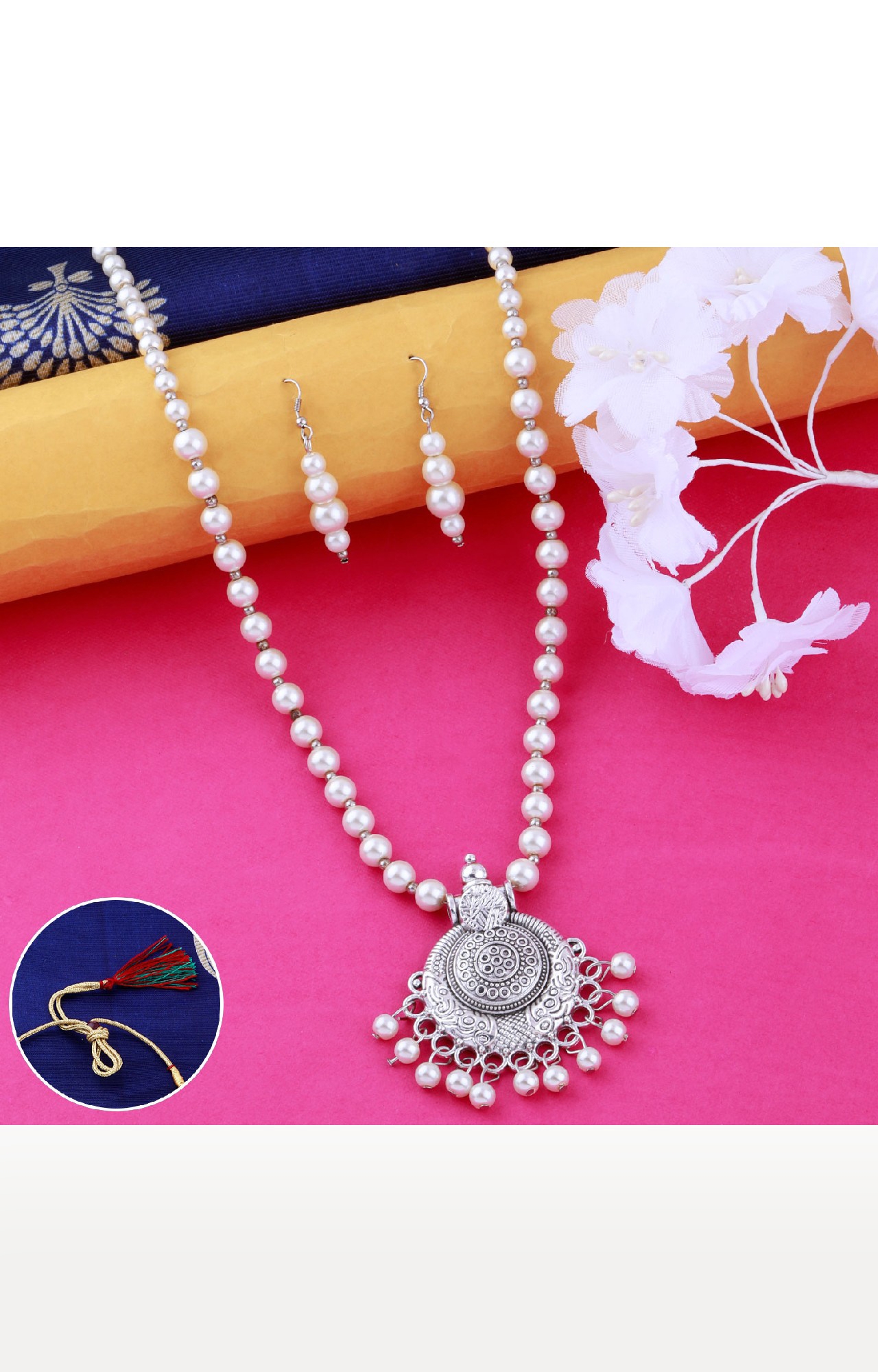 SILVER SHINE |  Silver plated Designer Traditional Square Long Pearl Drop pendant Necklace set for women Jewellery set