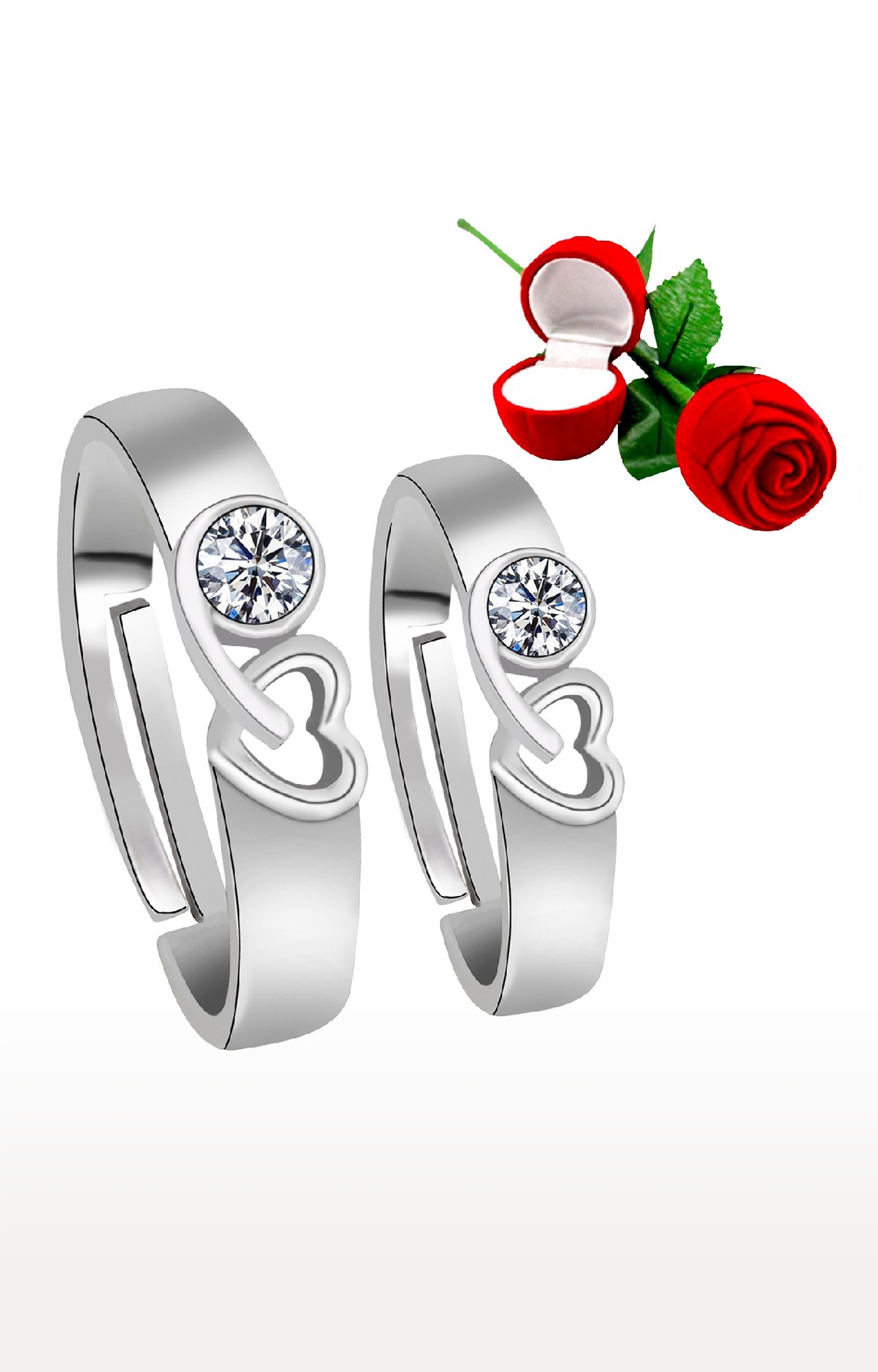 SILVER SHINE |  Silver Plated Adjustable Couple Rings Set for lovers Ring with 1 Piece Red Rose Gift Box for Men and Women