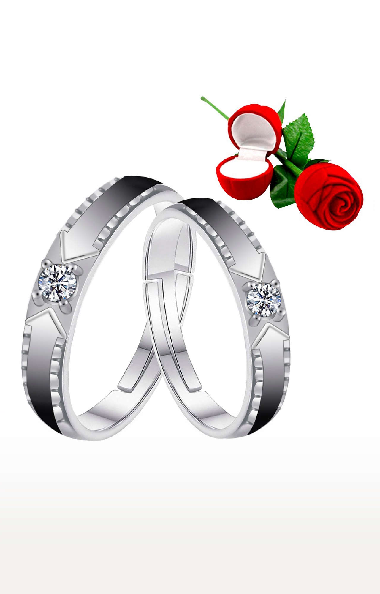 SILVER SHINE |  Silver Plated Adjustable Couple Rings Set for lovers Ring with 1 Piece Red Rose Gift Box for Men and Women