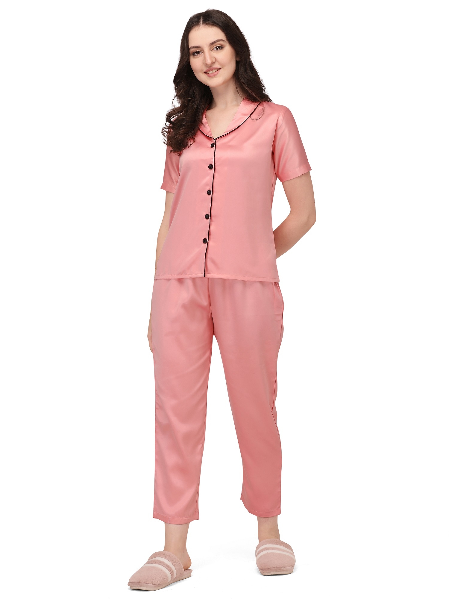 Smarty Pants | Smarty Pants women's silk satin shawl collar baby pink color night suit pair. 