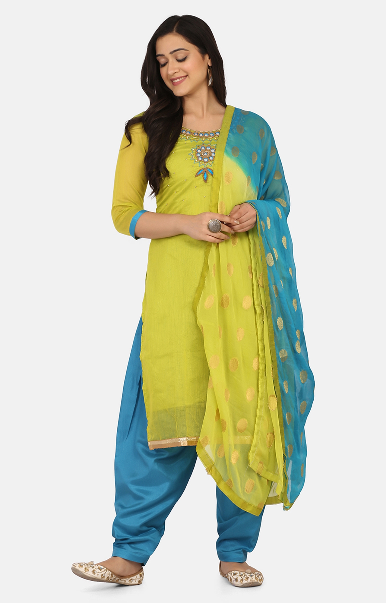SHAILY RETAILS | Shaily Green Color Cotton Blend Embroidered Unstitched Dress Material-VF_ASCGRN33_DM