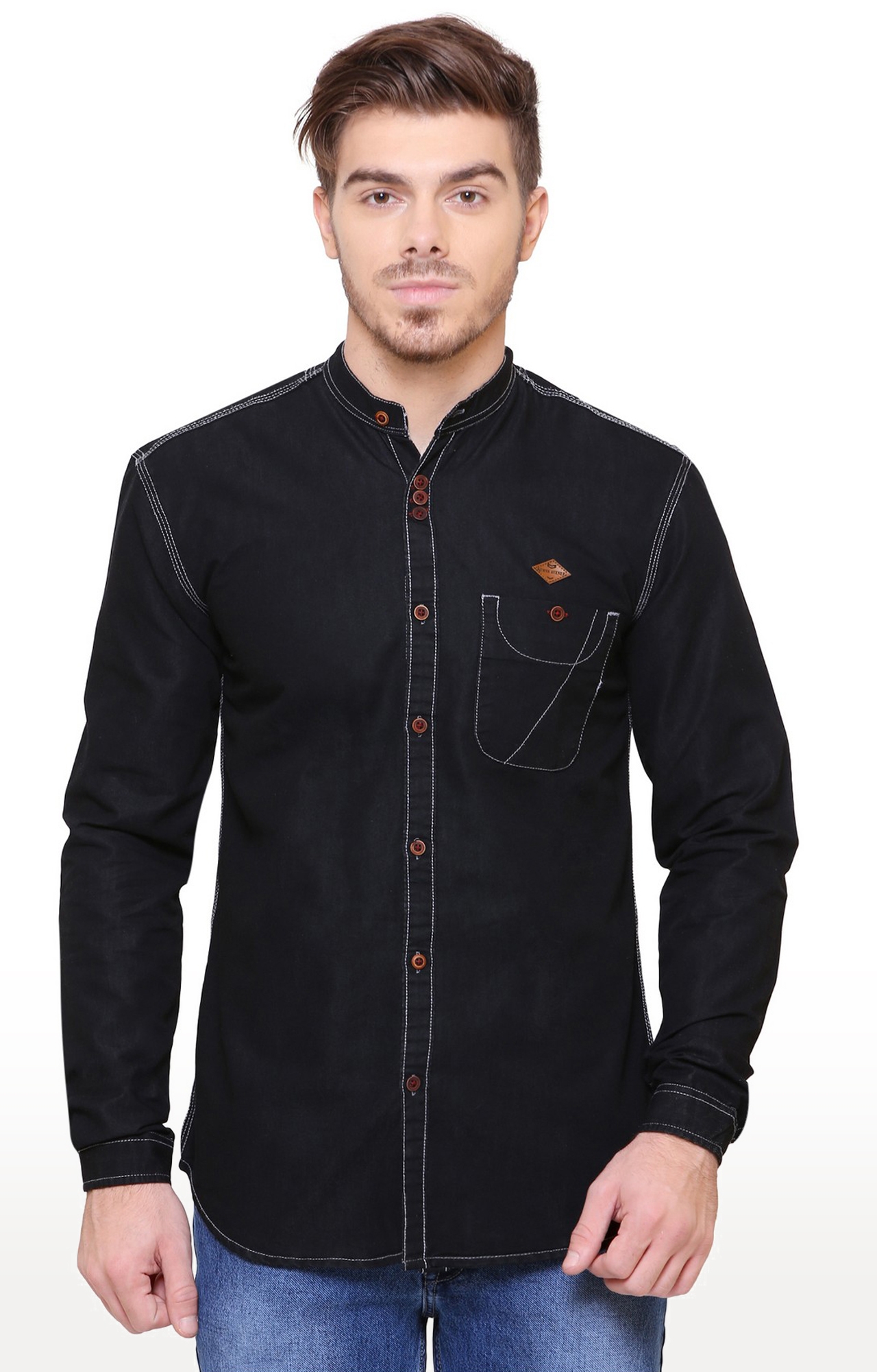 Kuons Avenue | Kuons Avenue Men's Black Mandarin Collar Denim Shirt