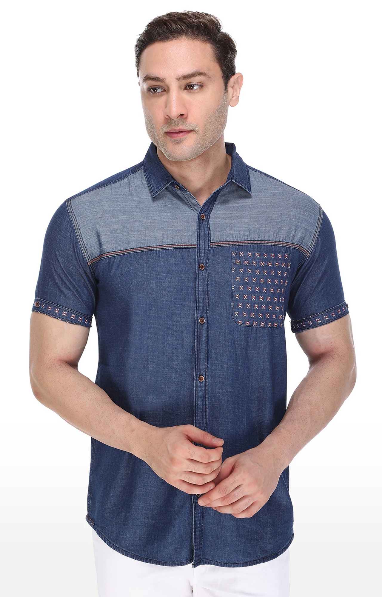 Kuons Avenue Men's Carbon Blue Half Sleeve Denim Shirt
