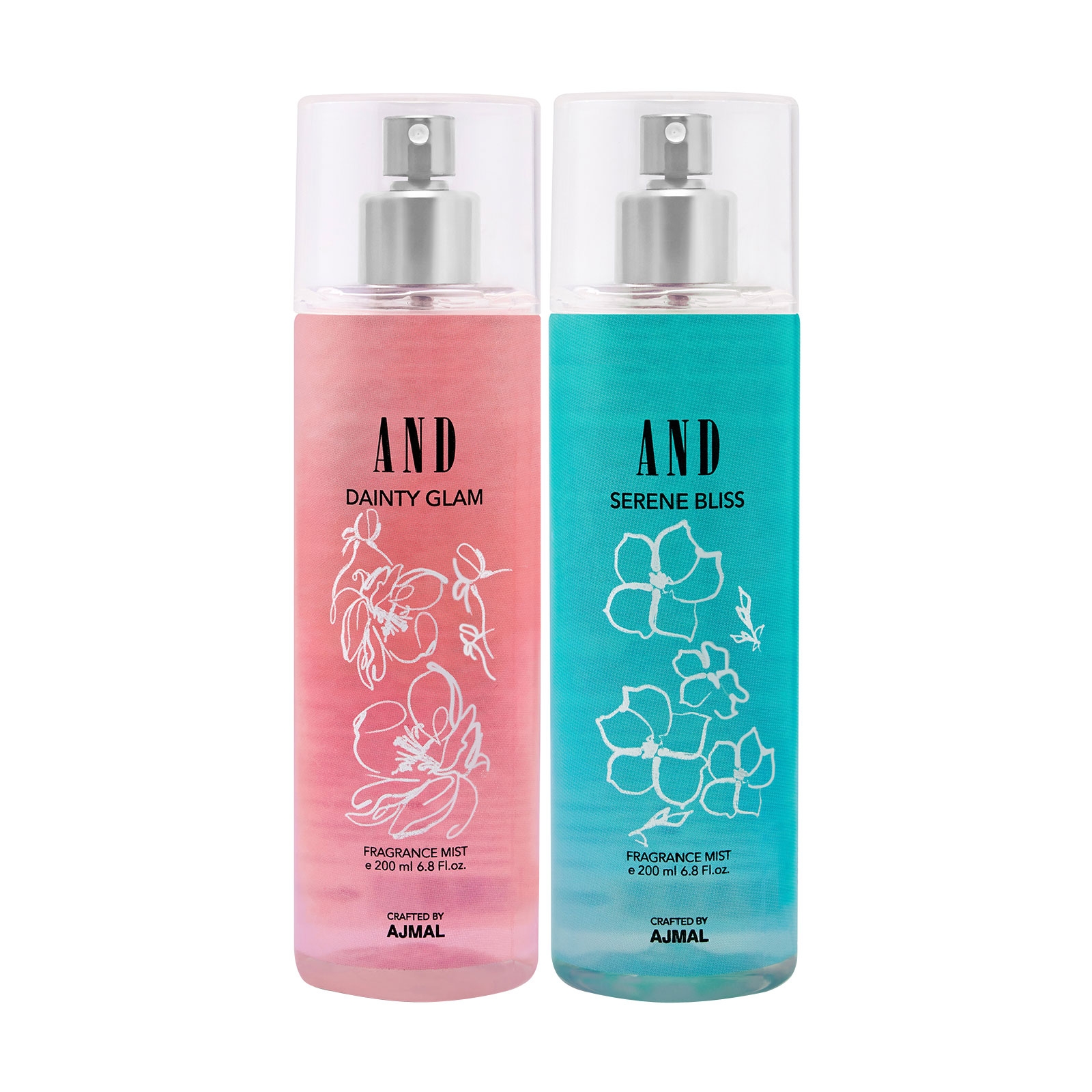 AND Crafted By Ajmal | AND Dainty Glam & Serene Bliss Pack of 2 Body Mist 200ML each Long Lasting Scent Spray Gift For Women Perfume Crafted by Ajmal + 2 Parfum Testers