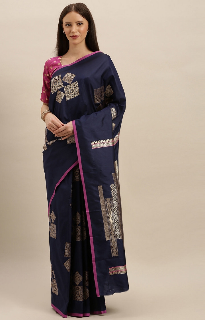 VASTRANAND  Navy Blue & Gold-Toned Silk Blend Woven Design Kanjeevaram Saree