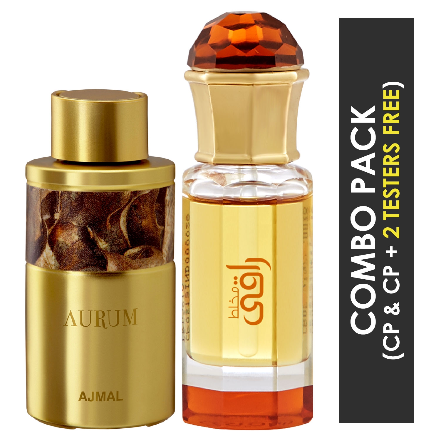 Ajmal | Ajmal Aurum Concentrated Perfume Attar 10ml for Women and Mukhallat Raaqi Concentrated Perfume Attar 10ml for Unisex + 2 Parfum Testers FREE