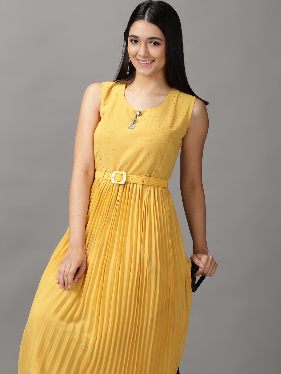 Women's Yellow Polyester Solid Dresses