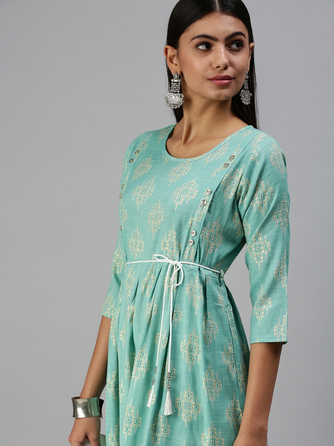 Showoff | Showoff Women's Casual Round Neck Turquoise Blue A-Line Kurta