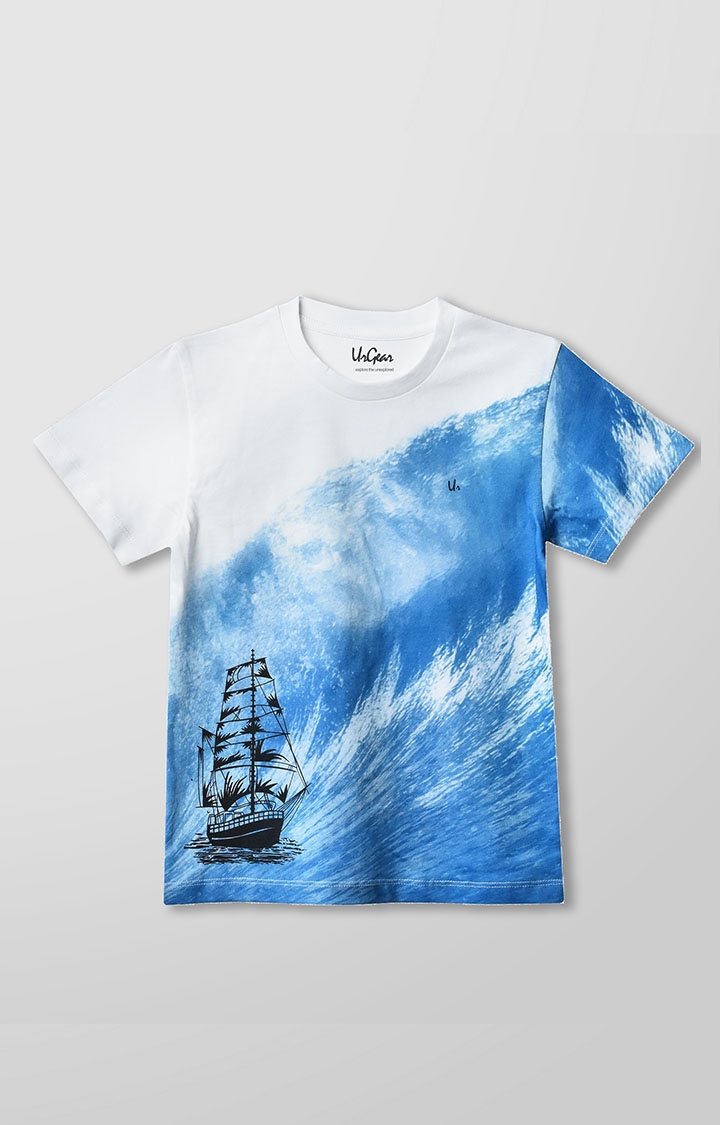 UrGear Boys and Girls Printed Organic Cotton Blend White and Blue T-Shirt