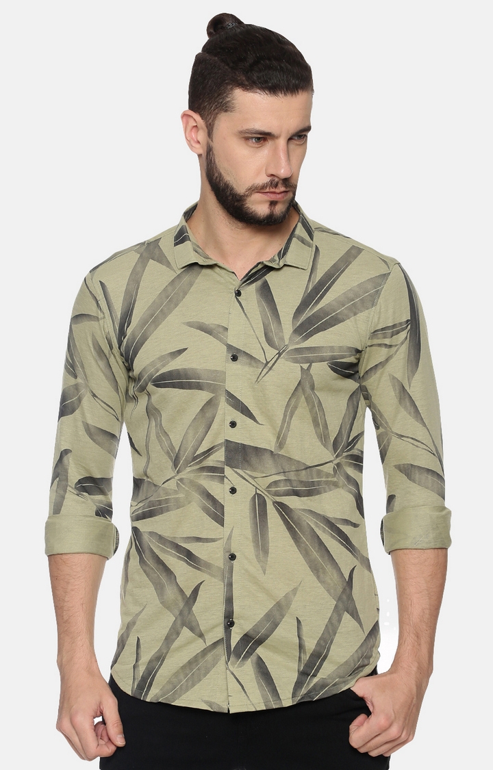 Showoff Mens Cotton Casual Olive Floral Shirt