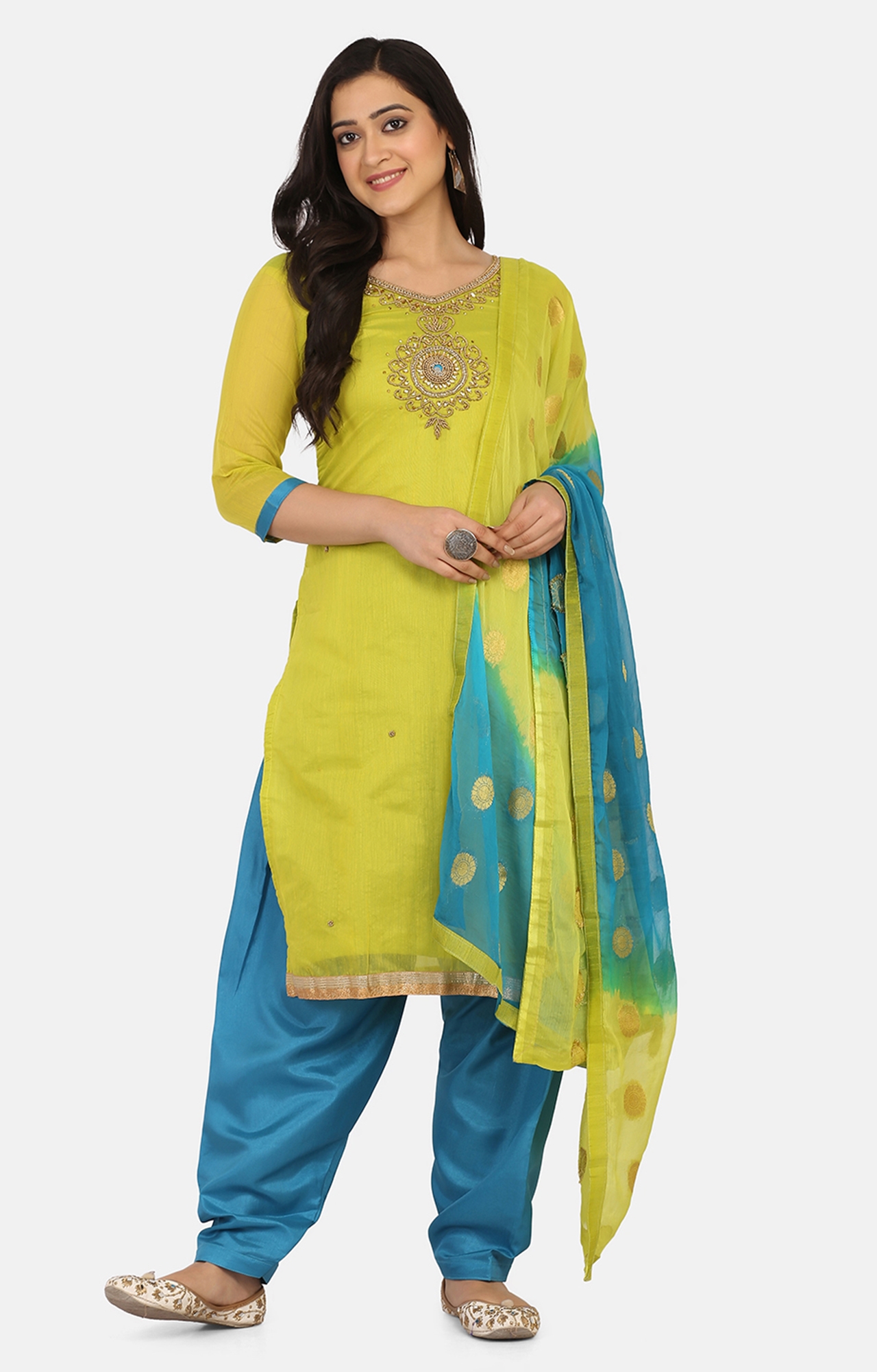 SHAILY RETAILS | Shaily Green Color Cotton Blend Embroidered Unstitched Dress Material-VF_MURLIGRN38_DM