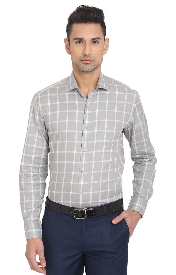 LE114/2,L.GREY CHEX (SFT) Men's Grey Cotton Checked Formal Shirts