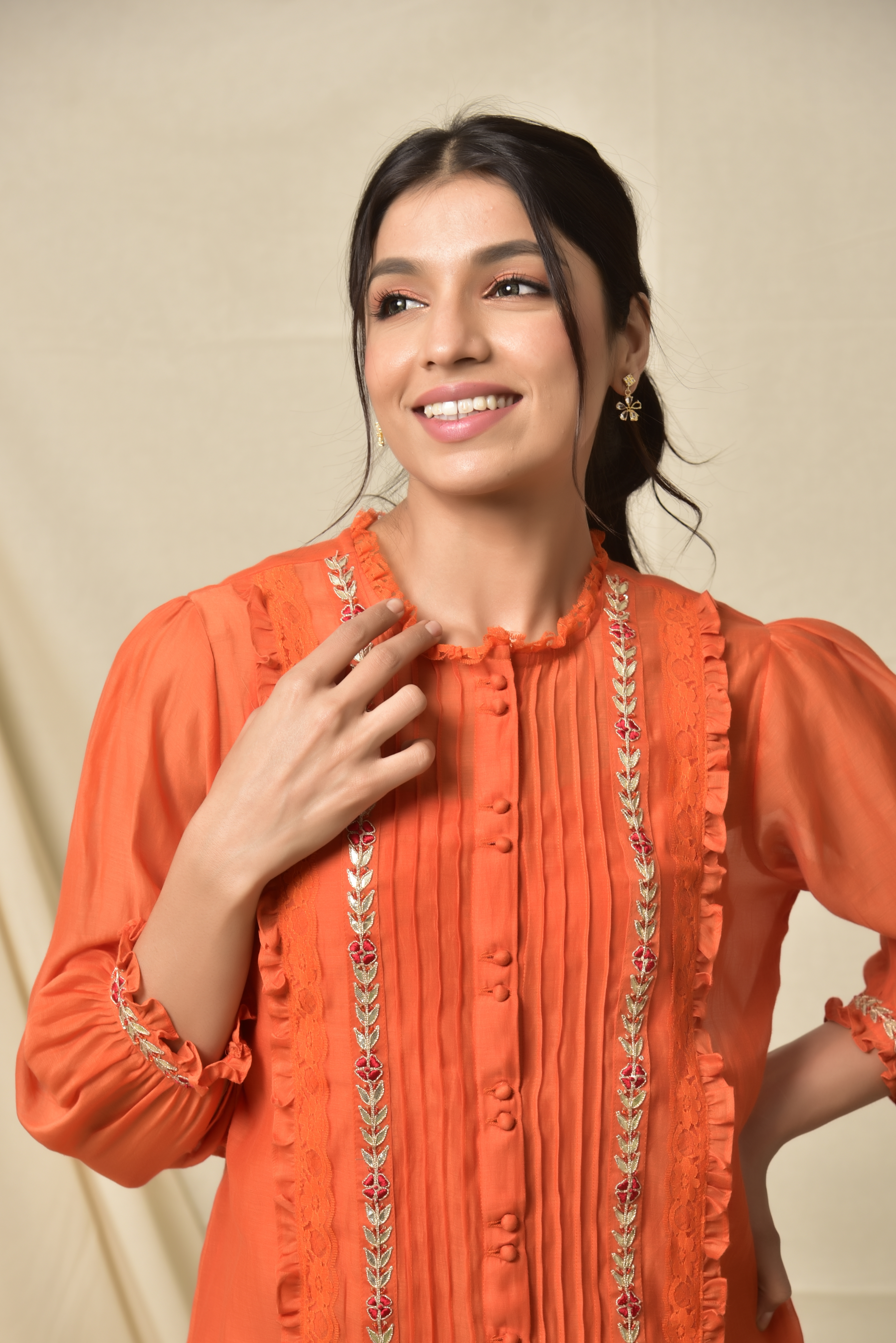 Orange Chanderi Lace Top With Gota Border on Both Side