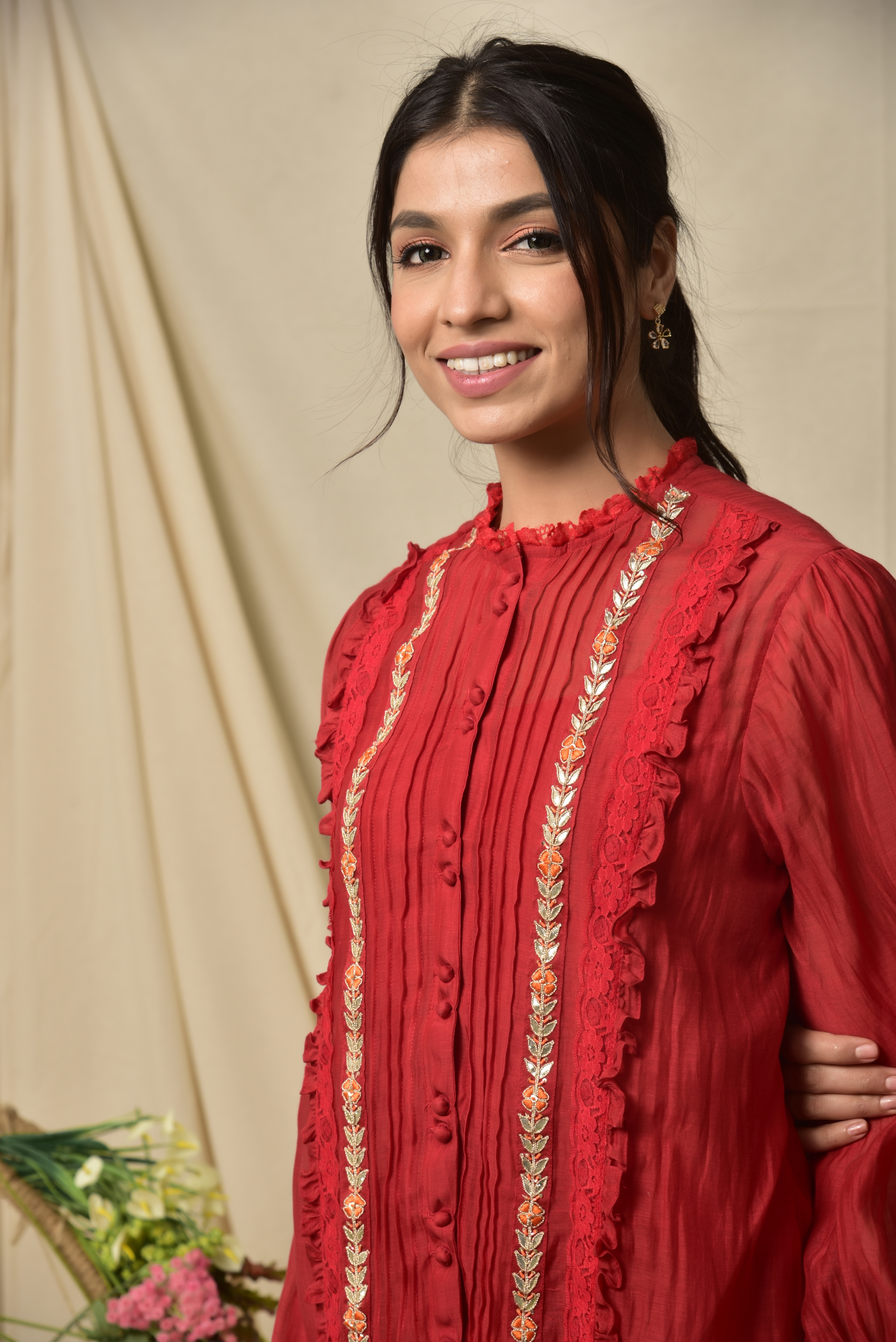 Red Chanderi Lace Top With Gota Border on Both Side