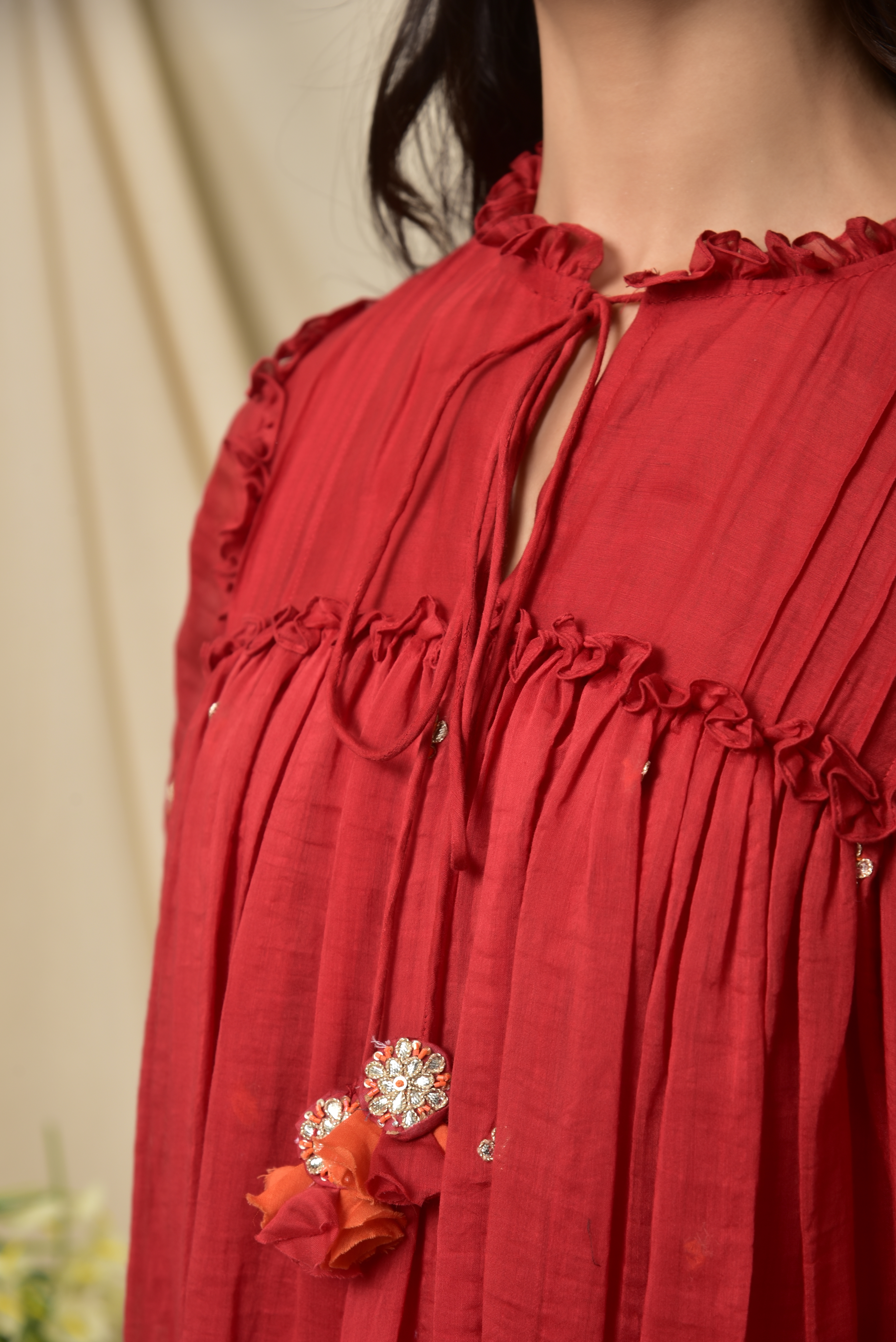 Red Chanderi Short Dress With Gota Patti Work
