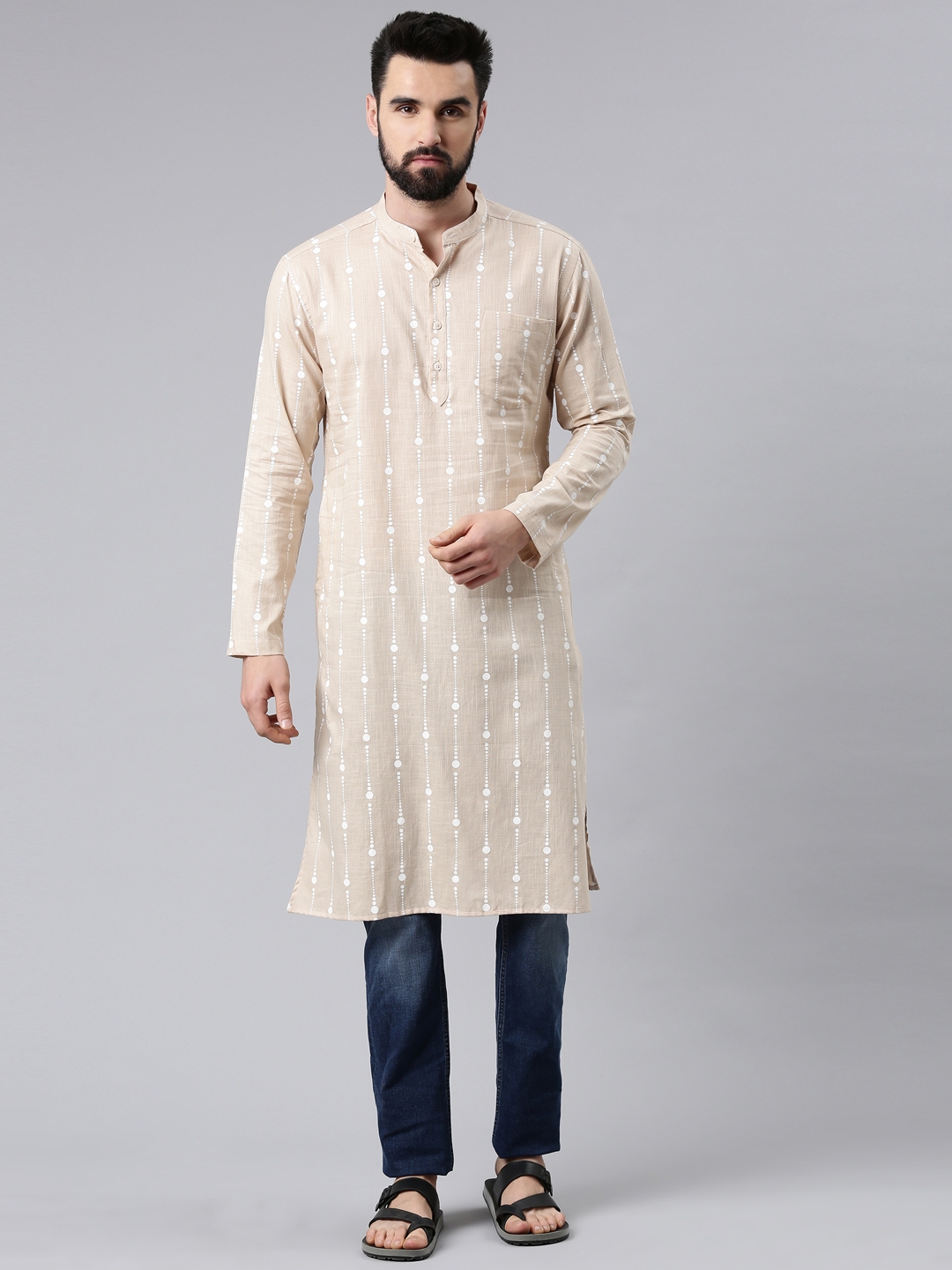 Kryptic | Kryptic men's cotton printed light khaki colour mandarin collar, full sleeve long kurta