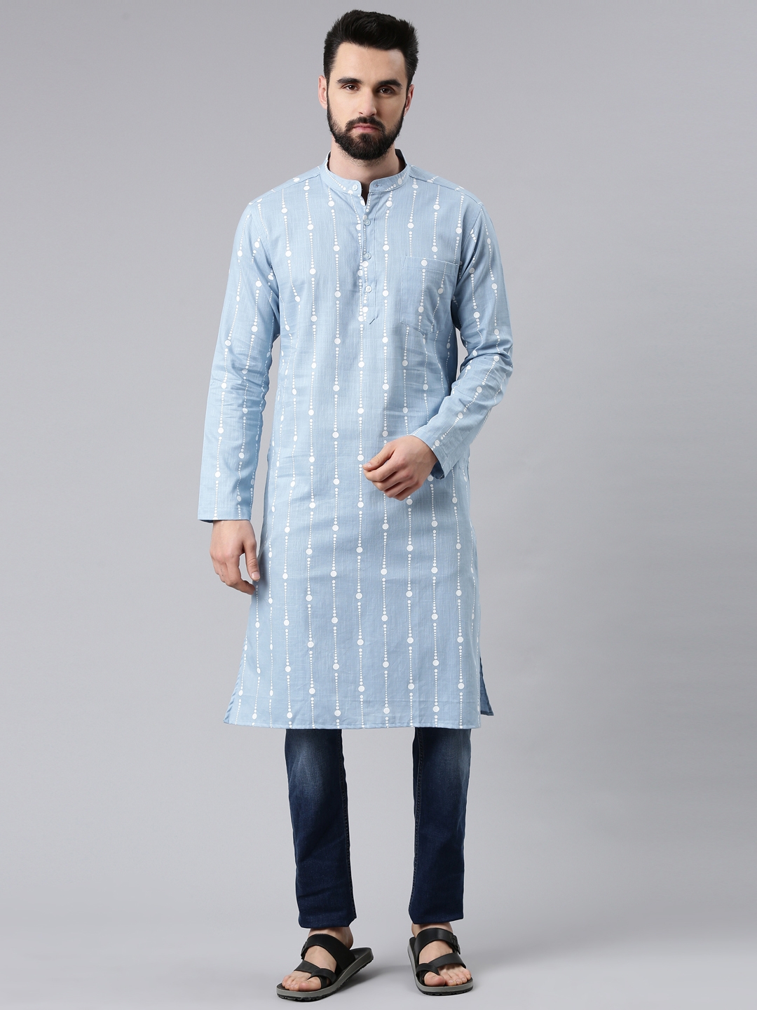 Kryptic | Kryptic men's cotton printed sky blue colour mandarin collar, full sleeve long kurta