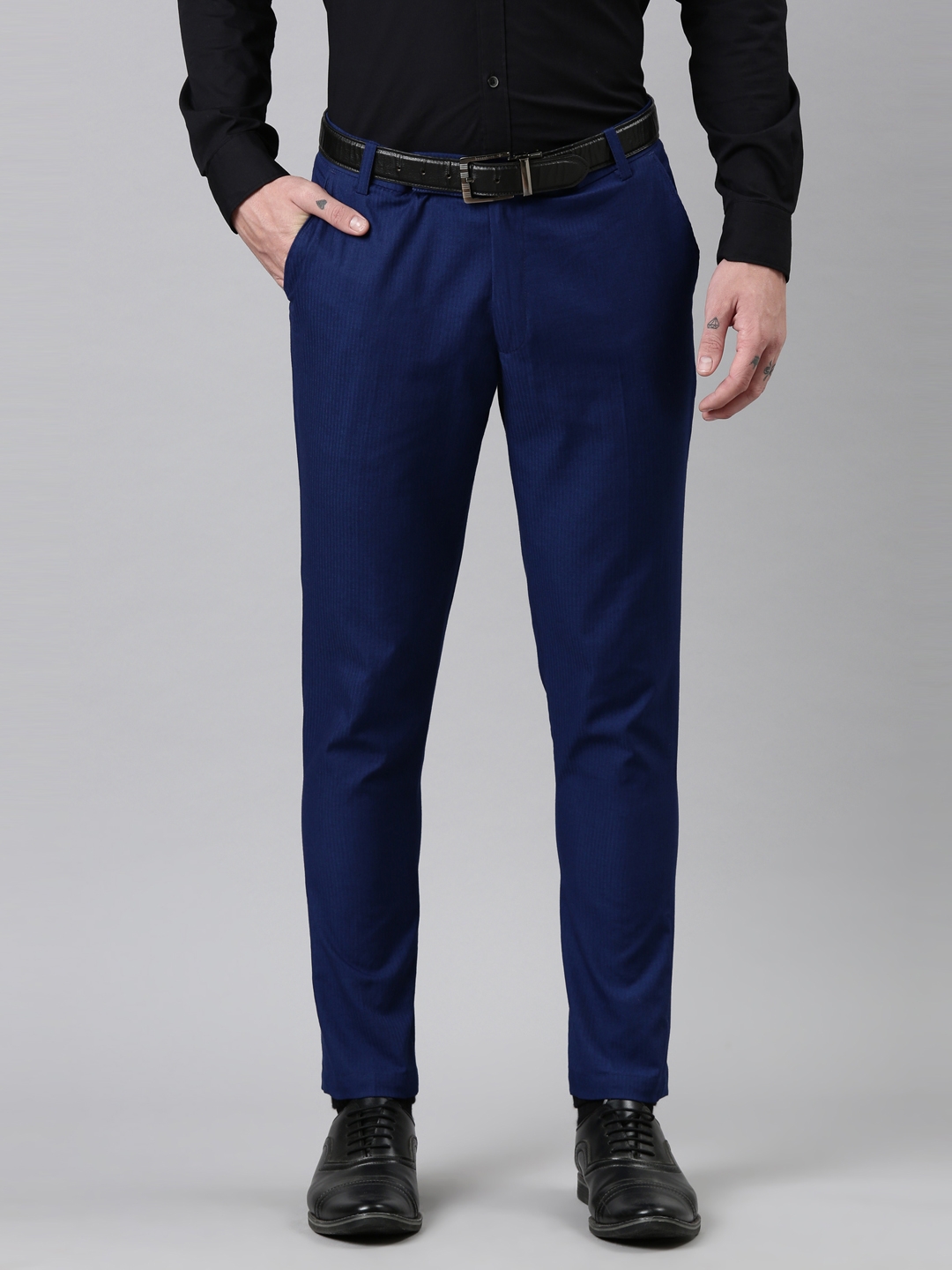 Kryptic | kryptic Men Blue Smart Tapered Fit Formal Trousers