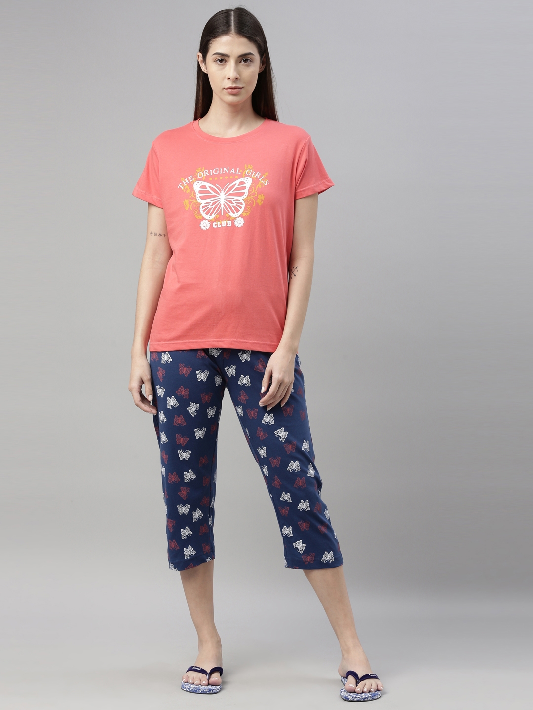 Kryptic | Coral & Blue Cotton T-Shirt and Pyjama Set