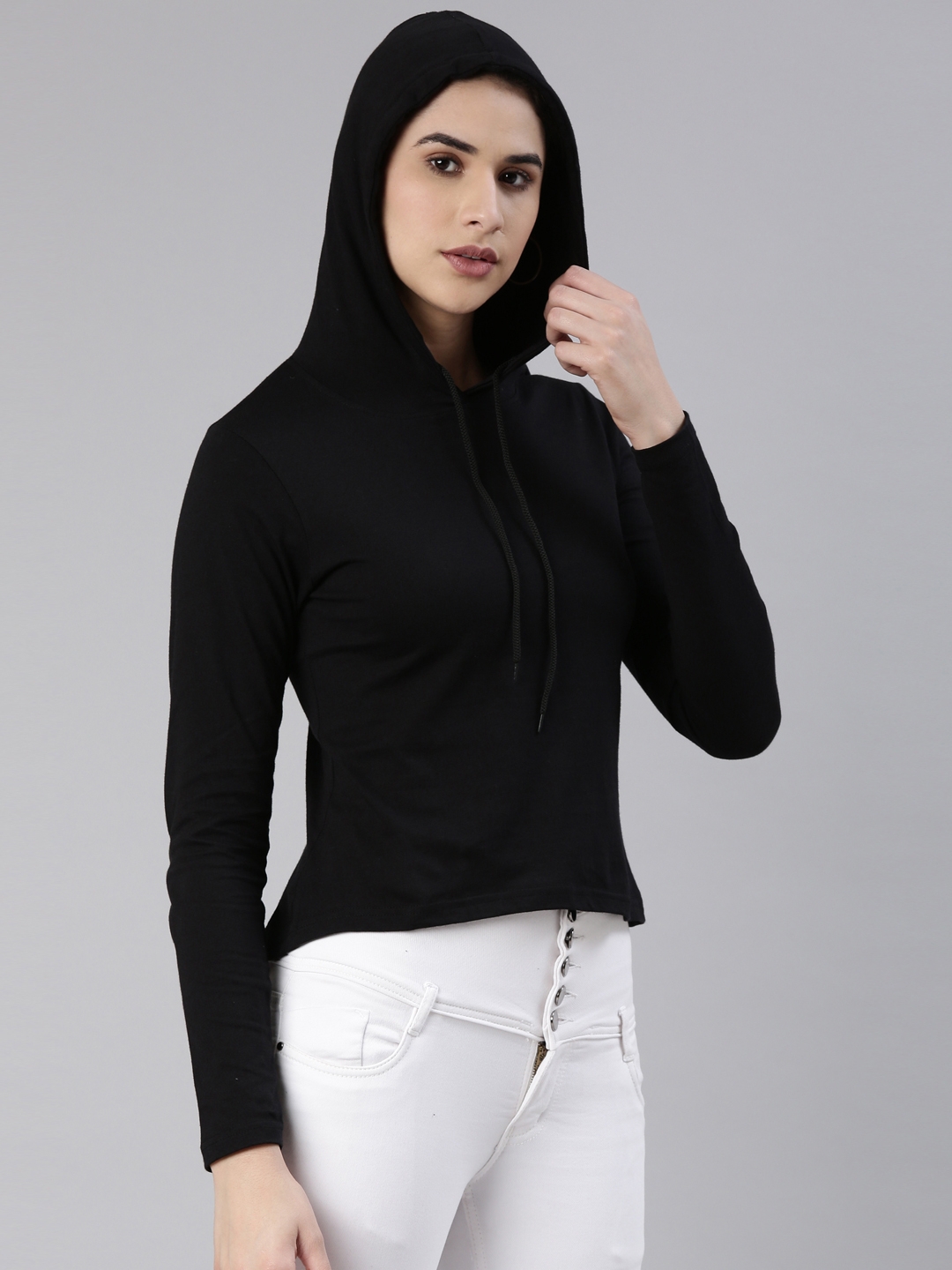 Kryptic Womens 100% cotton solid round neck tshirt with hood