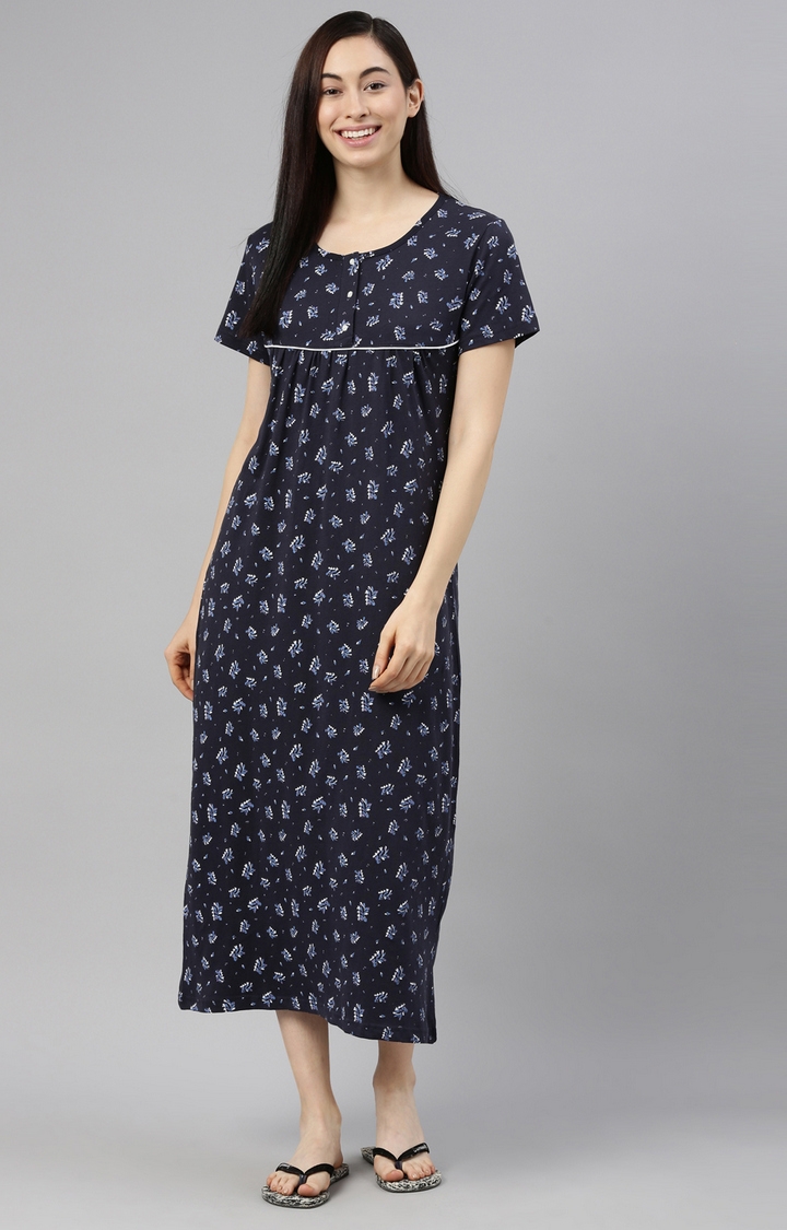 Kryptic | Navy Printed Cotton Night Gowns